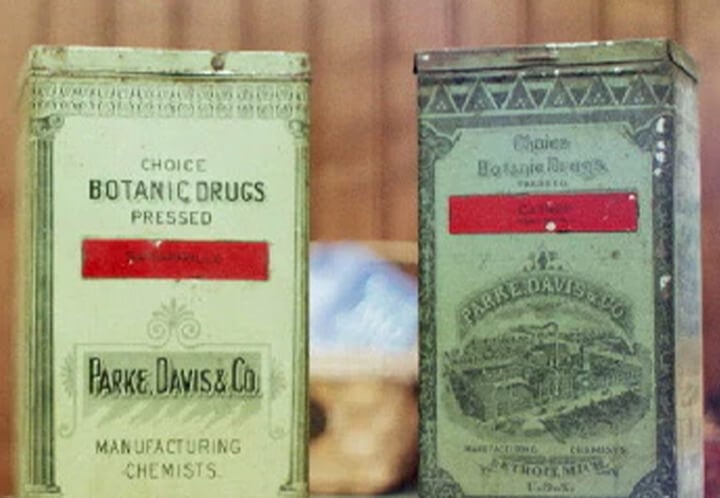 Packaging vintage di cannabis di Parke, Davis & Co. del XIX secolo. Mostra il primo packaging farmaceutico prima della regolamentazione della cannabis.