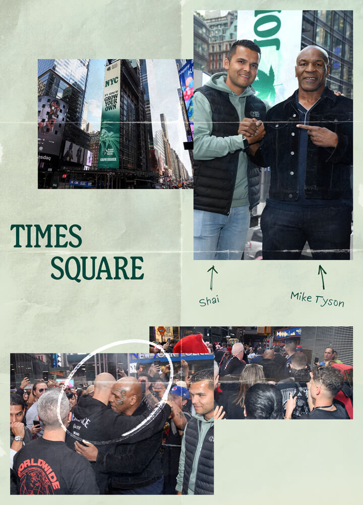 "Un collage di foto legate a Times Square a New York City, con il famoso cartellone di Times Square, una foto di Mike Tyson e immagini di persone che godono della vivace atmosfera di Times Square.  "