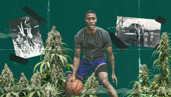 Un gruppo di persone che giocano a basket mentre sono sotto l'effetto del cannabis, godendo dell'intensità e del divertimento del gioco, illustrando l'atmosfera vivace degli sport casuali.