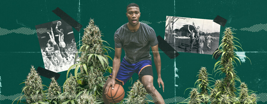 Un gruppo di persone che giocano a basket mentre sono sotto l'effetto del cannabis, godendo dell'intensità e del divertimento del gioco, illustrando l'atmosfera vivace degli sport casuali.