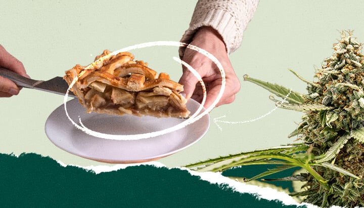 Una persona che taglia una fetta di torta di mele, combinata in un collage con un'immagine di una pianta di cannabis. Rappresentazione visiva per temi culinari e cannabis.