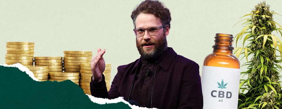 Un collage che mette in evidenza Seth Rogen e l'industria della cannabis, con una pila di monete d'oro, una pianta di cannabis, Seth Rogen che gesticola e una bottiglia di olio di CBD, simbolo del business e della cultura della cannabis.