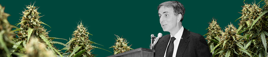 Un ritratto dettagliato di Carl Sagan mentre parla in un microfono, con uno sfondo verde e piante di cannabis vibranti e lussureggianti.