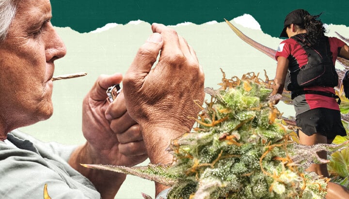 "Un collage di tre immagini: una con elementi visivi legati alla cannabis, un'altra che mostra una persona che fuma una sigaretta, e la terza che raffigura una persona che corre, simbolo di stili di vita e attività diverse.  "