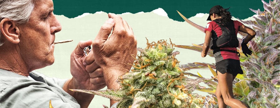 "Un collage di tre immagini: una con elementi visivi legati alla cannabis, un'altra che mostra una persona che fuma una sigaretta, e la terza che raffigura una persona che corre, simbolo di stili di vita e attività diverse.  "