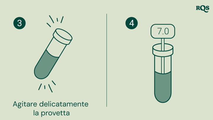 Istruzioni per testare il pH del suolo: scuoti delicatamente la provetta e confronta il colore del liquido con una tabella per determinare il pH del suolo. L'immagine mostra una provetta con pH 7,0, che indica un suolo neutro.