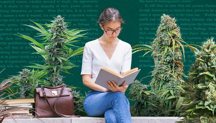 Giovane donna che legge un libro, circondata da piante di cannabis rigogliose in un giardino vivace, evidenziando il relax e la natura.