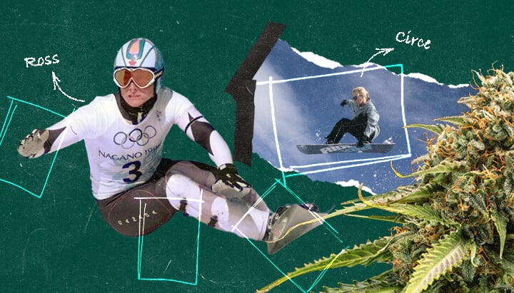 Un collage con gli snowboarder professionisti Ross Rebagliati e Circe Wallace, noti per il loro impegno a favore della cannabis accanto alle loro carriere nello snowboard.