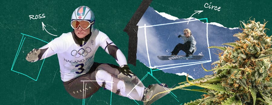 Un collage con gli snowboarder professionisti Ross Rebagliati e Circe Wallace, noti per il loro impegno a favore della cannabis accanto alle loro carriere nello snowboard.