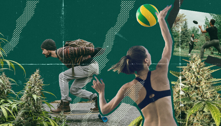 Un collage di persone che si divertono a giocare a Ultimate Frisbee, beach volley e longboard mentre sono sotto l'effetto del cannabis, mostrando il divertimento e le risate legate alla pratica di sport mentre si è sballati.