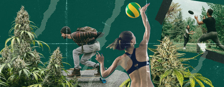 Un collage di persone che si divertono a giocare a Ultimate Frisbee, beach volley e longboard mentre sono sotto l'effetto del cannabis, mostrando il divertimento e le risate legate alla pratica di sport mentre si è sballati.