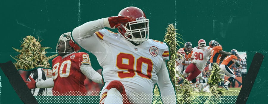 Un collage di Shaun Smith, ex giocatore dei Dallas Cowboys, circondato da piante di cannabis. L'immagine evidenzia il legame tra l'uso della cannabis e le prestazioni sportive.