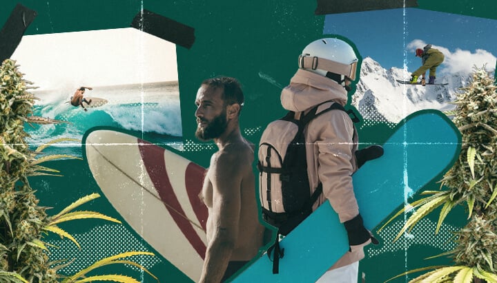 Un collage che presenta surfisti che catturano onde con montagne innevate sullo sfondo, simboleggiando la perfetta fusione tra surf, sport invernali e il piacere del cannabis. La scena cattura l'essenza del godere delle attività all'aperto mentre si è sotto l'effetto.