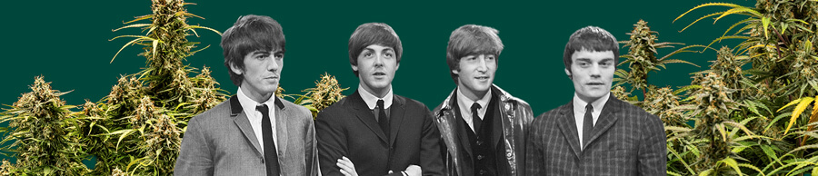 Foto in bianco e nero dei Beatles, con tutti e quattro i membri, piante di cannabis sullo sfondo e uno sfondo verde scuro, evidenziando la scena iconica.