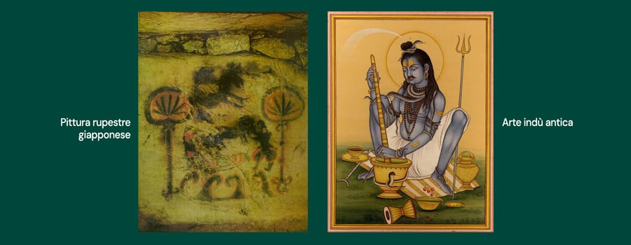 Confronto fianco a fianco: una pittura rupestre sbiadita di una figura con alberi e una vivace rappresentazione moderna di Shiva con un tridente e un bastone.