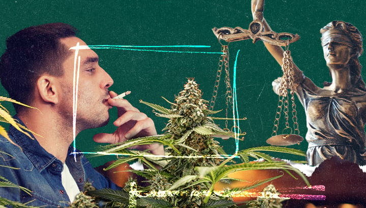 Collage digitale di un uomo che fuma una canna, piante di cannabis e la dea della giustizia che tiene una bilancia, simbolo delle leggi sulla cannabis. Sfondo verde testurizzato con accenti in stile neon.