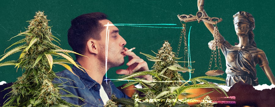 Collage digitale di un uomo che fuma una canna, piante di cannabis e la dea della giustizia che tiene una bilancia, simbolo delle leggi sulla cannabis. Sfondo verde testurizzato con accenti in stile neon.