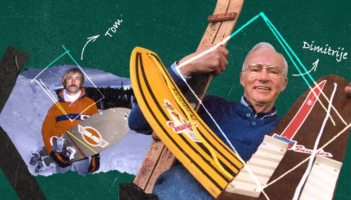 Collage storico che mostra l'evoluzione dello snowboard, dai suoi umili inizi con lo Snurfer fino a diventare uno sport olimpico. Si possono vedere modelli di tavole vintage e l'evoluzione degli attacchi.