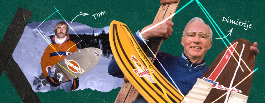 Collage storico che mostra l'evoluzione dello snowboard, dai suoi umili inizi con lo Snurfer fino a diventare uno sport olimpico. Si possono vedere modelli di tavole vintage e l'evoluzione degli attacchi.