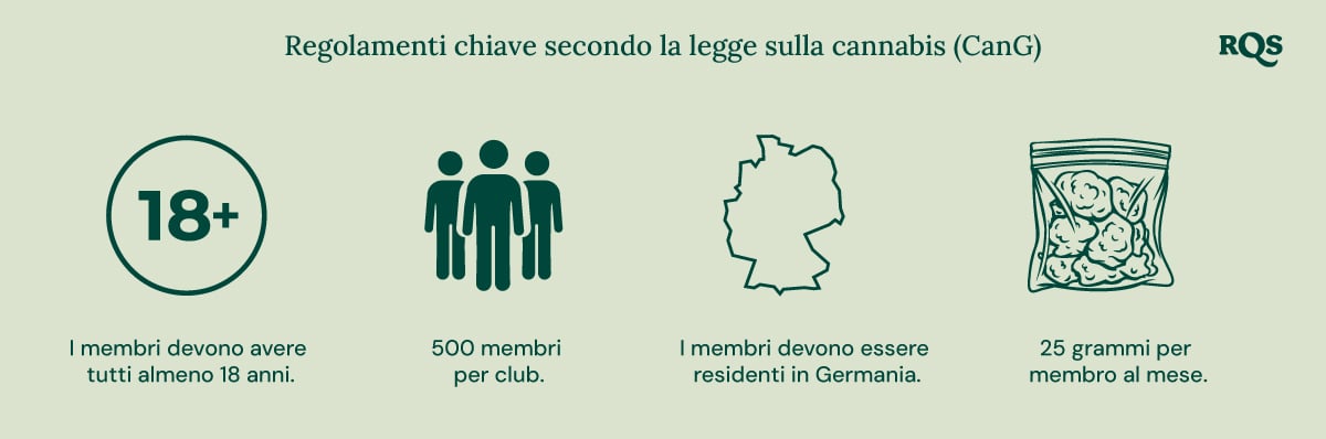 Infografica sulla legge tedesca sulla cannabis (CanG): età 18+, 500 membri per club, residenza in Germania, limite di 25 g/mese.