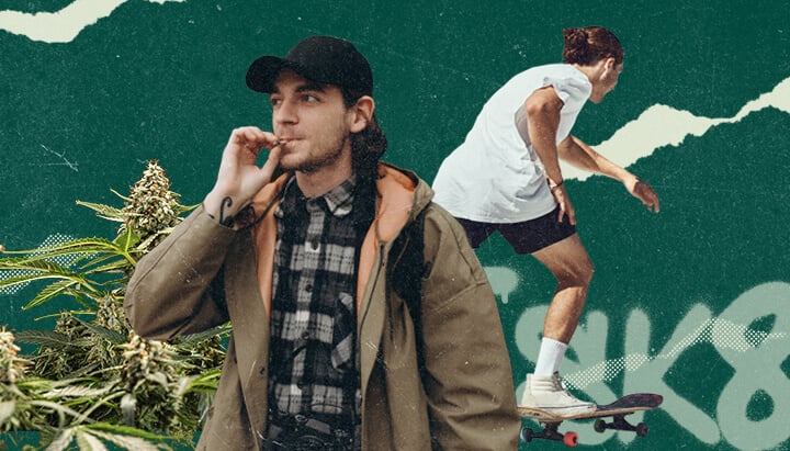 Giovane che fuma uno spinello di cannabis e uno skater in azione.