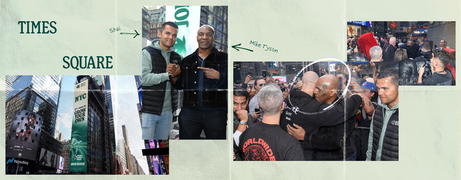 "Un collage di foto legate a Times Square a New York City, con il famoso cartellone di Times Square, una foto di Mike Tyson e immagini di persone che godono della vivace atmosfera di Times Square.  "